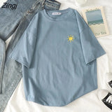 Women Short Sleeve T-shirts O-neck Embroidery Casual Simple Soft Korean Style Trendy Loose Tops Womens Sweet Girls Harajuku