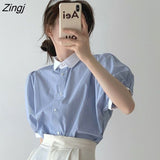 Vintage Striped Shirts Women New Summer Puff Sleeve Preppy Style Simple Loose Streetwear BF Temperament Mujer Tops