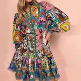 Women's Printed Round-Neck Belt Folded Lotus Leaf Side Retro Folded