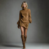 High-End Women's Retro Collar Imitation Leather Short Dress Autumn And Winter New Long-Sleeved Short