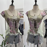 Industrial Lace Splicing Elastic Print With Bow Short-Sleeved T-Shirt
