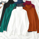 Sleeve T-shirts Women Solid Turtleneck Elegant Loose All-match Korean Style Student Simple Harajuku Soft Womens Tshirt