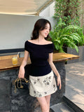 Xixi 2025 Spring And Summer New One-Word Collars Bottom-Up Knitted Short-Sleeved T-Shirt For Women