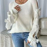 Autumn New French Round-Neck Bow Decorated Long-Sleeved Loose Knitted Jacket Sweater