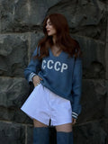 New Fashion Collar Hollow Knitted Shirt Women CCCP Letter Embroidery Casual Style