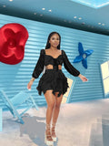 Women's Solid Color Casual Two Piece Set Sexy Deep V-Neck Long Sleeve Bandage Crop Top + Bodycon Shorts Party