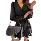 Women's Dress European Station Spring And Autumn Print V Collar Waist Long-Sleeved