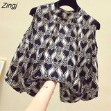 Off Shoulder Women Blouse Spring Summer Short Sleeve OL Chiffon Shirt Streetwear Vintage Print Hollow Out Top Mujer De