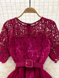 Women Lace Patchwork Pleated Long Dress Elegant Round Neck Short Sleeve High Waist Draped Party Maxi Vestidos Female