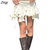 Women Solid Color Gothic Punk Irregular Skirts Summer Fashion Drawstring Tie-Up Ruched Ruffles Mini Skirt