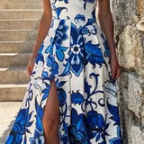 2025 Women's Dress Sexy Temperament Print V-Neck Sling Elegant Open-Fork