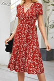 Floral Printed Beach Dress Women Boho Short Sleeve V Neck Split Elegant A Line Party Holiday Dress Casual