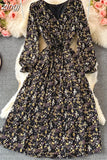 Autumn Women Floral Chiffon Midi Dress Vintage V-Neck Flare Long Sleeve High Waist A-Line Vestidos Female New