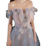 One-Word Shoulder-Colored Evening Dress Female Banquet Temperament Famous Blue Starry Sky Gradually Fairy Host Vocal Art