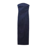 2025 New Summer Women's Sexy Straight Tube Strapless Dress Slim Slit Denim