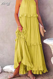 Casual Long Dress Women Summer Female Ruffle Pullover Beach Dresses Ladies Elegant Sleeveless Hollow Tie-Up Party