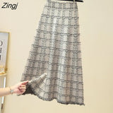 Plaid Woolen Skirt Women Long Elegant Houndstooth Tassel Pleated Skirt Female Harajuku High Waist Loose Midi Skirt