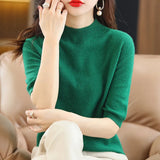 Zingj And Summer Loose And Versatile Wool Knit Short Sleeve Women Plus-Size Round-Neck Solid Color Bottom Knit T-Shirt Thin-Outfit