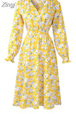 Women Vintage Floral Print A-Line Party Dress Spring Summer Elegant Long Sleeve Elastic Waist Chiffon Boho Beach Sundress