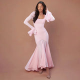 Pink Long Sleeve Ruffle Flare Maxi Dress-Outfit