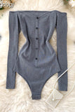 Slash Neck Long Sleeve Bodysuit Autumn 2023 Single Breasted Playsuit Red/Gray/Black Sexy Knitted Rompers New Fashion
