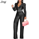 Fashion Women Jumpsuits Puffy Long Sleeve V Neck With Belt Wide Leg Pants Loose Rompers Party Office