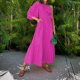Spot 2025 Spring New Women's Fashion Temperament Inclined Shoulder Long Cotton And Linen