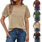 Summer New Women's Casual Loose Round-Neck Lady T-Shirt Solid Color Lace