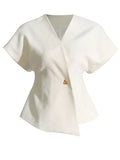 Commuter Wind 2025 New V Neck Short Sleeve Waist A Button Door Skirt Asymmetric Thin Pure Color Vest