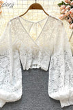 Black/White/Brown Sexy Lace Blouse Women Elegant V-Neck Puff Long Sleeve Open Back Short Tops Female Party Blusas