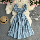 Zingj Vacation Wind French Retro Square Collar Waist Dress Female Summer Design Sense Bubble Short Sleeve Fairy