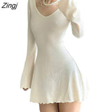 Women Solid Color Ribbed Long Sleeve V-Neck Slim Fit Party Mini Dress Fashion Spring Autumn Slim A-Line