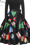 Women Christmas Long Sleeve Print Elegant Vintage Knee-length Party Dress Robe Autumn Winter Casual Xmas
