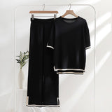 Simple Splicing Loose Short-Sleeved Sweater Top High Waist Thin Leg Pants Two