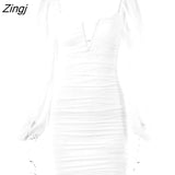 Backless Pleated Dress Women New Year 2023 Elegant Casual Solid Double Layer Mesh Mini Evening Dresses Female