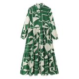 Women's Long-Sleeved Green-Print Shirt Dress