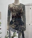 Shooting Babes Long Sleeves And Jersey Net Yarn Dye Printing Irregular Lotus Leaf Edge Ribbon Folding Top