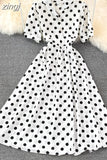 Women Polka Dot Midi Dress Vintage V-Neck Single Breasted Short Sleeve A-Line Vestidos Female Elegant New Fashion