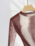 Zingj Waist Pleated Mesh Long Sleeve T Shirt Women's Thin Perspective Dizzy Dye Sunscreen Smock Hot Hot Hot Girl Top
