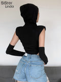 Women Black Bodysuits Fashion Streetwear Appliques Hooded Tops With Cuff 2023 New Spring