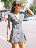 Women's Temperament Lattice V-Neck Thin Buckle Short Sleeve A-Character Dress Short