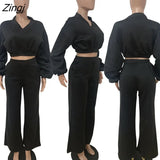 Women Tracksuit Two Piece Set Shirt + Long Pants Solid Color Pulf Sleeve Streetwear Clothes For Women