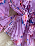 Floral Printed Two Piece Set Spring Autumn V-Neck Ruffle Draped Flare Sleeve Chiffon Blouse+High Waist Pleated Skirt
