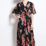 V-Neck Print Chiffon Dress Women's Waist Thin Temperament Lotus Leaf Side Short Sleeves To Close The First Love Fairy