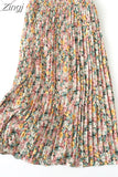 Women 2023 High Waist Floral Print Mid Calf Long Pleated Skirt Girls Summer Vintage Elegant Chiffon Midi