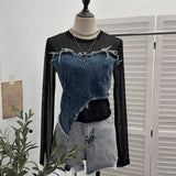 Feel Niche Cowboy Splicing Long-Sleeved Mesh T-Shirt Girl Summer Round Collar Dress Short Top