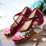 Zingj Heel Shoes Thick Heel Women's Shoes With Embroidered Cloth Shoes Cloisonne Blue Button Embroidered Peony Dance