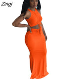 Women Sets Ruched Drawstring Sleeveless Tank Crop Top and High Waist Mermaid Maxi Skirt Set for Women Elegant Two Piece