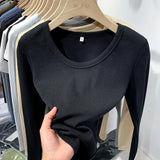 Long-Sleeved T-Shirt Slim And Slim In Autumn And Winter With Threaded Design Feeling Bottomed Blouse Women's Low-Collar Unique