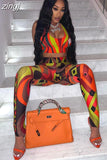 Colorful Print Women Two Piece Tracksuit Set Sleeveless Bare Midriff Top+High Waist Leggings Matching